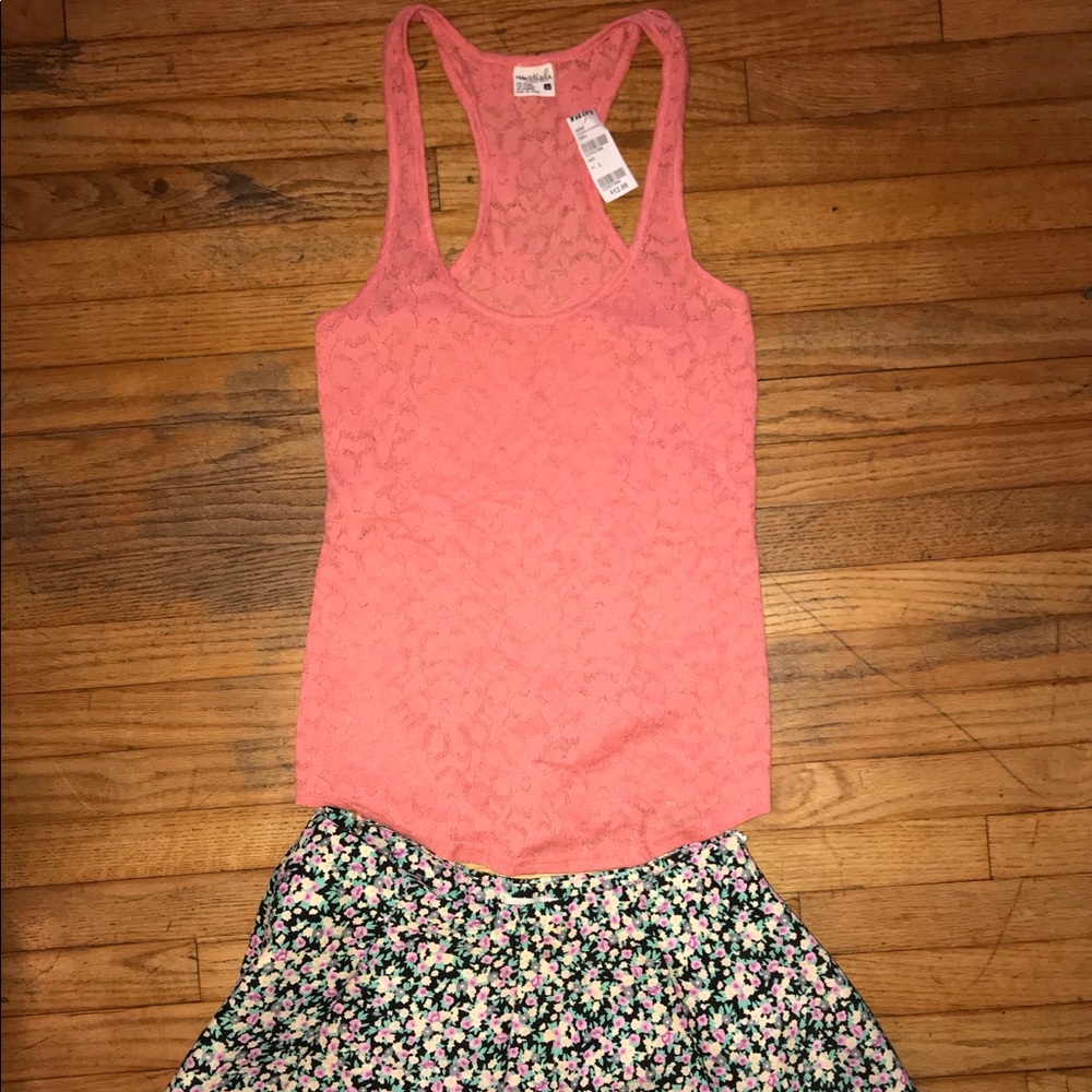 2piece PinkLaceCami &FloralBlack CircularSkirt LAR